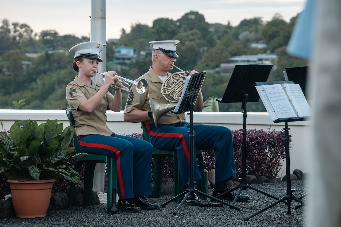 The U.S. Marine Corps Forces Pacific Band performs during the 83rd Anniversary of the Battle of Guadalcanal Ceremony at the Guadalcanal American Memorial in Honiara, Solomon Islands, Aug. 7, 2025.