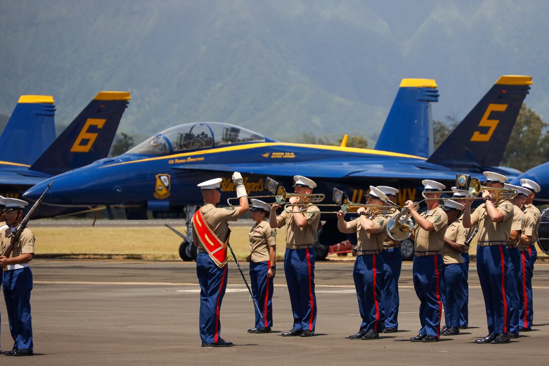 The Marine Corps Forces Pacific (MARFORPAC) Band perform during the Marine Corps Base Hawaii (MCBH) Kaneohe Bay Air Show, Aug. 8, 2025.