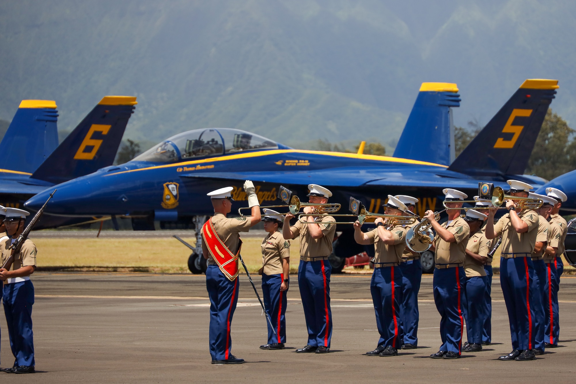 The Marine Corps Forces Pacific (MARFORPAC) Band perform during the Marine Corps Base Hawaii (MCBH) Kaneohe Bay Air Show, Aug. 8, 2025.