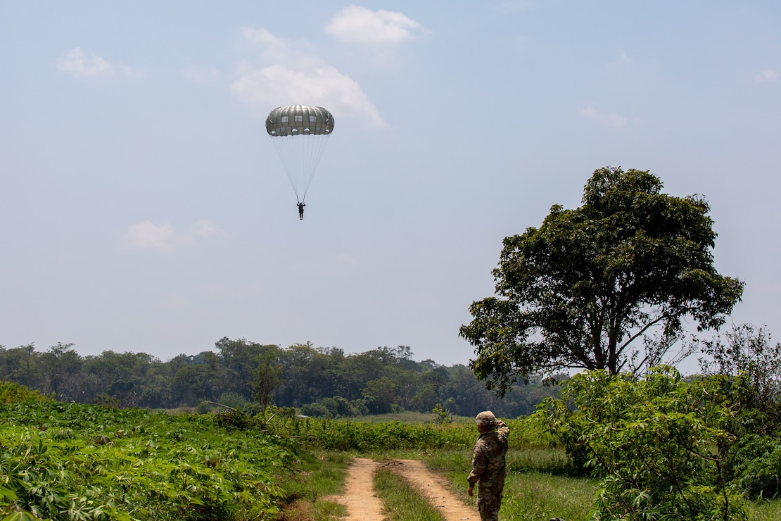 A U.S. Army paratrooper assigned to the 1st Special Forces Group (Airborne) jumps with an MC-6 parachute from a C-130 aircraft into Baturaja, Indonesia, during Super Garuda Shield 25, Aug. 27, 2025.