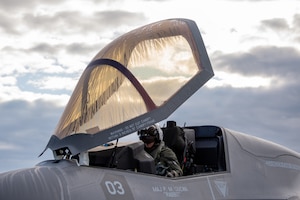 U.S. Marine Corps Capt. Kyle Flowers, Marine Fighter Attack Squadron 533 (VMFA-533) F-35B Lightning II pilot, prepares to launch in support of exercise Northern Edge 2025 at Joint Base Elmendorf-Richardson, Alaska, Aug. 20, 2025. NE25 is an exercise led by U.S. Indo-Pacific Command that serves as a platform for joint, multi-domain operations to deliver high-end, realistic warfighter training, strengthen joint interoperability, and sharpen the air and sea-based combat readiness of U.S. and participating forces. (U.S. Air Force photo by Airman 1st Class David S. Calcote)