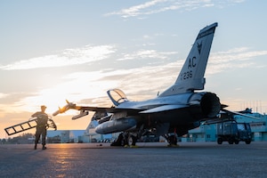 An aircraft maintainer carries an F-16 ladder next to an F-16 fighter jet at sunrise.