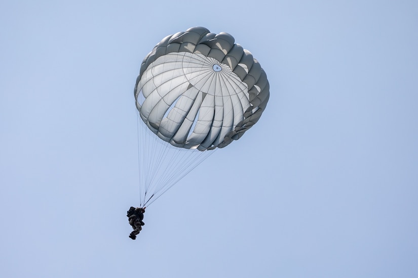 A U.S. Army paratrooper assigned to the 1st Special Forces Group (Airborne) jumps into Baturaja, Indonesia with a MC-6 parachute,during Super Garuda Shield 25, Aug. 27, 2025.