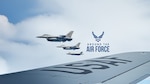 Air Force aircraft fly in formation.