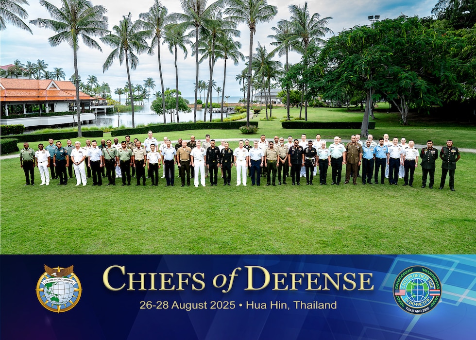 Chiefs of Defense join together with their respective senior enlisted leaders for a group photo during a Chiefs of Defense Conference in Hua Hin, Thailand, Aug. 27, 2025.