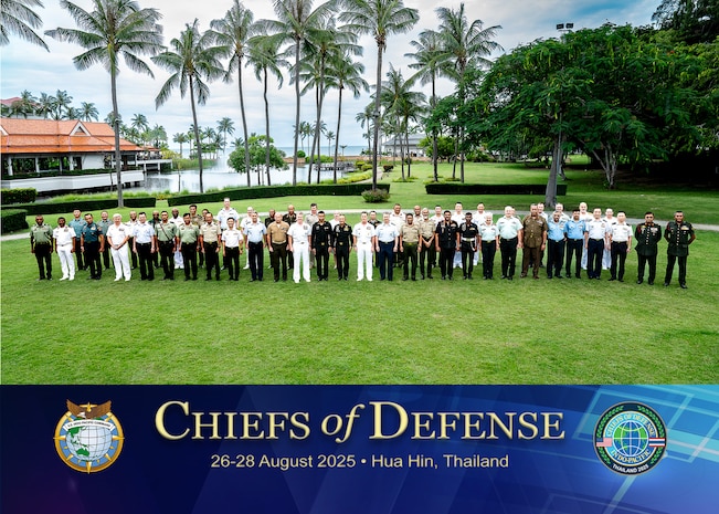 Chiefs of Defense join together with their respective senior enlisted leaders for a group photo during a Chiefs of Defense Conference in Hua Hin, Thailand, Aug. 27, 2025.