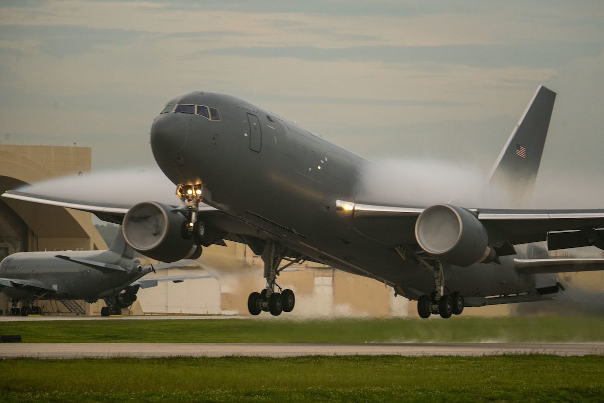 A KC-46 Pegasus assigned to the 60th Air Mobility Wing redeploys in support of Exercise Bamboo Eagle 25-3 at Andersen Air Force Base, Guam, July 31, 2025. Part of the first-in-a-generation Department-Level Exercise Series, the exercise demonstrates the U.S. Air Force’s ability to operate and deliver follow-on forces in a contested, dynamic environment against complex threats on short notice with more than 100 aircraft at more than 15 locations. (U.S. Air Force photo by Senior Airman Zachary Foster)