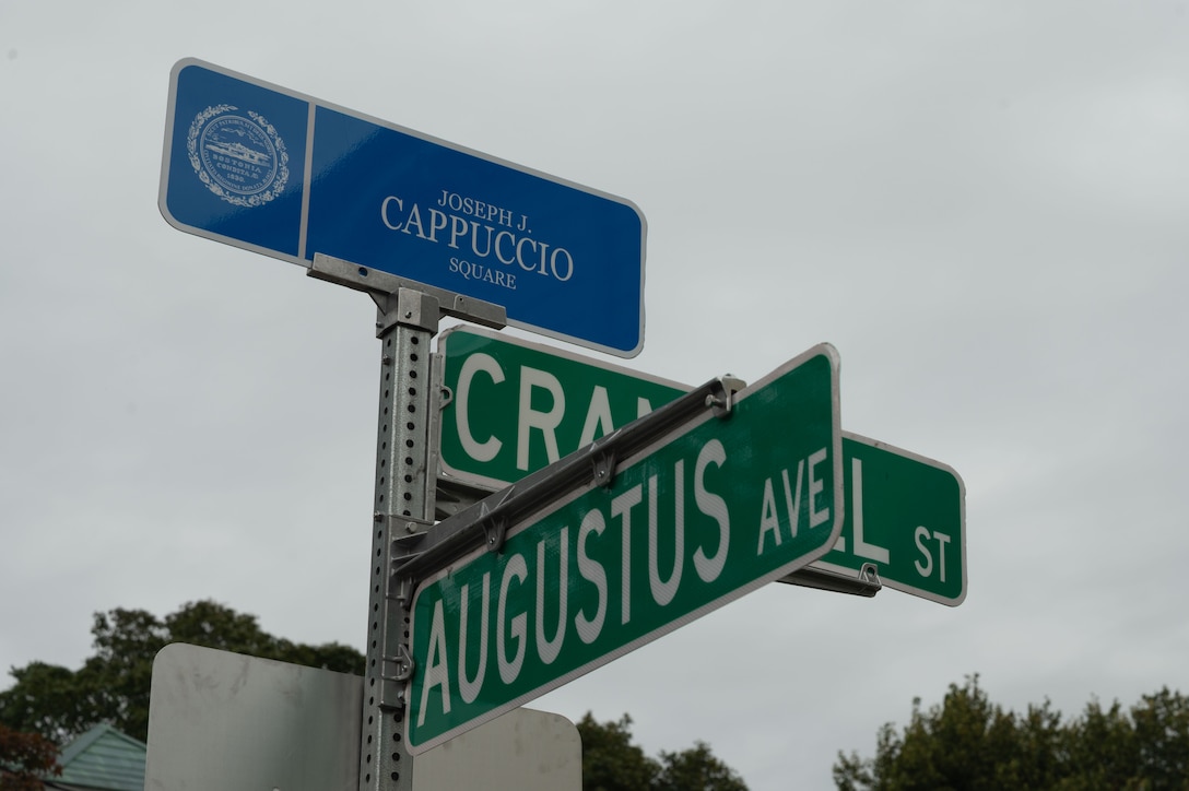 Joseph J. Cappuccio Square was renamed in honor of U.S. Marine Corps Cpl. Joseph J. Cappuccio, who served in the Battle of Iwo Jima, Aug. 21, 2025. As the Marine Corps marks its 250th year, Marines worldwide observe this historic milestone, paying tribute to generations of valor, duty, and the enduring spirit of Semper Fidelis. (U.S. Marine Corps photo by Lance Cpl. Matthew A. McDonnell)