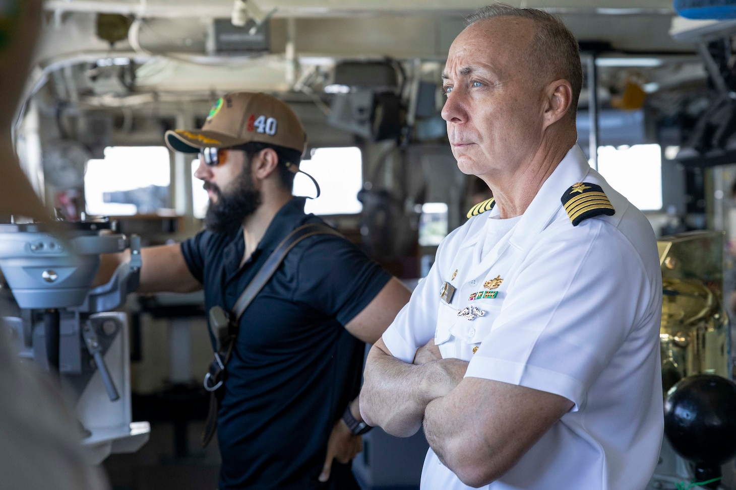 CHENNAI, India (Aug. 24, 2025) – Capt. Mike Thompson, commanding officer of the forward-deployed submarine tender USS Frank Cable (AS 40), observes the ship’s arrival to Chennai, India for a port visit, Aug. 24, 2025. Frank Cable is underway supporting the U.S. 7th Fleet, the U.S. Navy’s largest forward deployed numbered fleet, operating with allies and partners in preserving a free and open Indo-Pacific region. (U.S. Navy photo by Mass Communication Specialist 2nd Class Andrew McPeek)