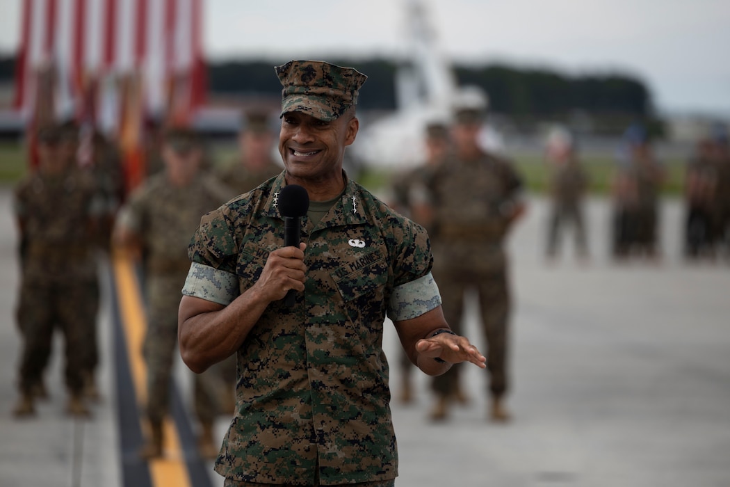 U.S. Marine Corps Lt. Gen. Calvert L. Worth Jr., from Missouri, commanding general, II Marine Expeditionary Force (MEF), addresses the audience during a change of command ceremony at Marine Corps Air Station Cherry Point, North Carolina, Aug. 28, 2025. The ceremony represented a transfer of responsibility, authority, and accountability from Maj. Gen. William H. Swan to Maj. Gen. Ryan S. Rideout. 2nd MAW generates, deploys and sustains expeditionary, combat-ready Aviation forces for II Marine Expeditionary Force, the Marine Corps and the joint force. (U.S. Marine Corps photo by Bryan Giraldo)