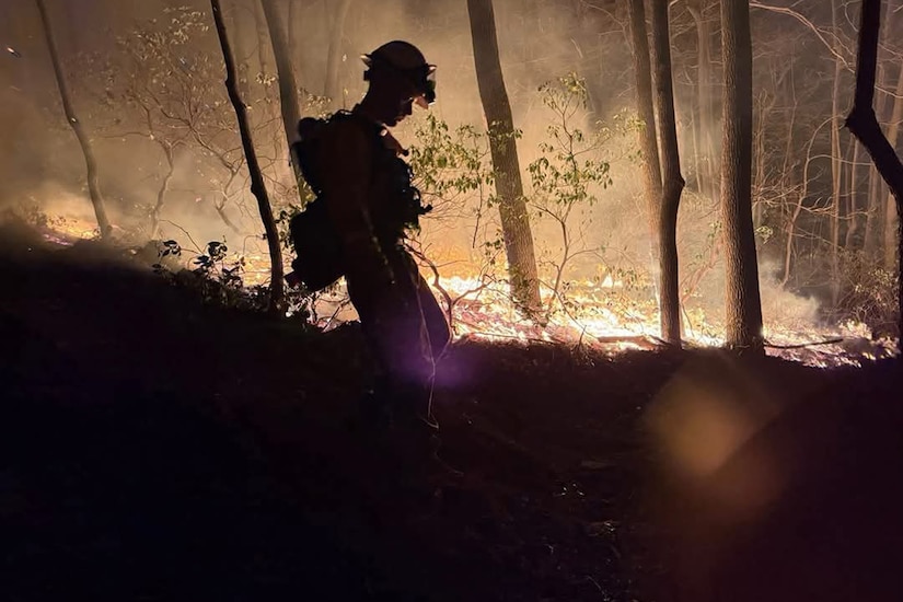 A Letterkenny Army Depot firefighter looks on as a fire consumes part of the Michaux State Park during a wildfire April 23 through April 27.