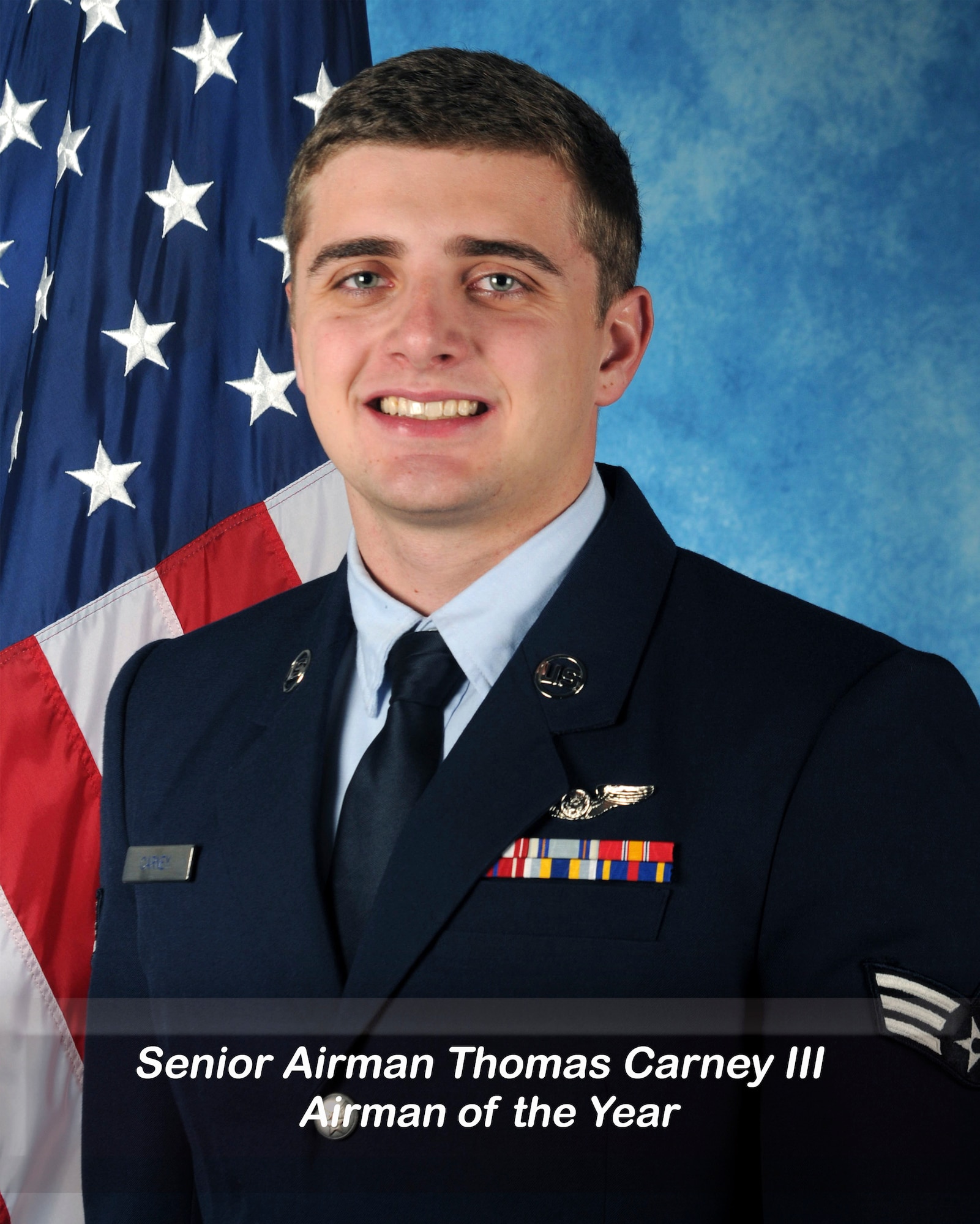 U.S. Air Force Senior Airman Thomas Carney, III, 156th Airlift Squadron, loadmaster pose for an official photo at the Charlotte-Douglas International Airport Base, Charlotte, North Carolina, January 2, 2025.