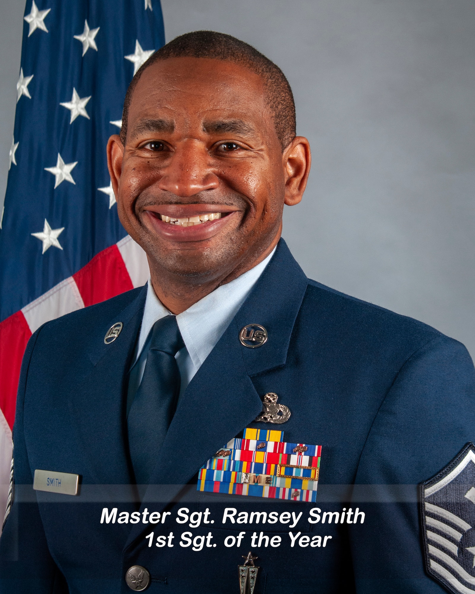 U.S. Air Force Master Sgt. Ramsey Smith, 145th Maintenance Squadron, first sergeant poses for an official photo at the Charlotte-Douglas International Airport Base, Charlotte, North Carolina, January 5, 2024.