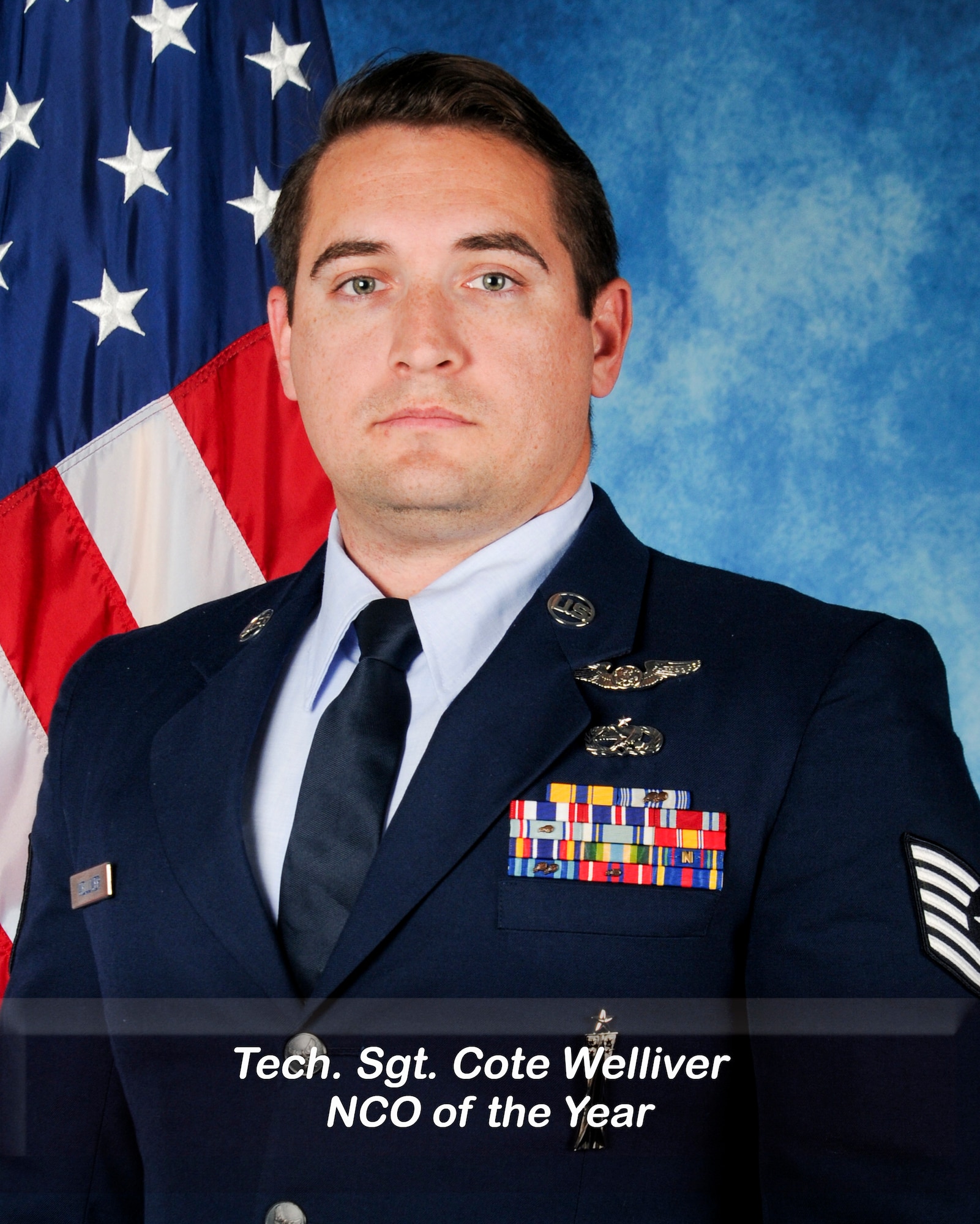 U.S. Air Force Tech Sgt. Cote Welliver, 156th Airlift Squadron, loadmaster pose for an official photo at the Charlotte-Douglas International Airport Base, Charlotte, North Carolina, January 3, 2025.
