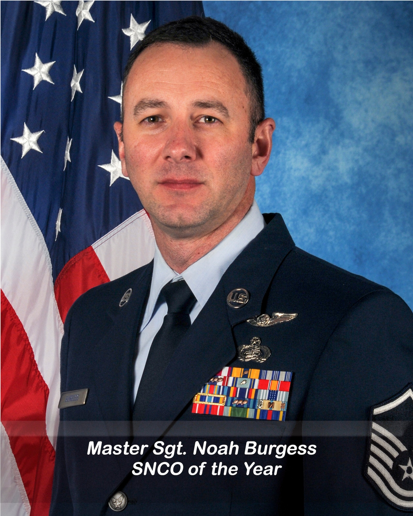 U.S. Air Force Master Sgt. Noah Burgess, 145th Force Support Squadron, base education and training superintendent pose for an official photo at the Charlotte-Douglas International Airport Base, Charlotte, North Carolina, January 2, 2025.