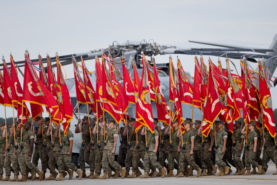 U.S. Marines with the 2nd Marine Aircraft Wing (MAW) march during a change of command ceremony at Marine Corps Air Station Cherry Point, North Carolina, Aug. 28, 2025