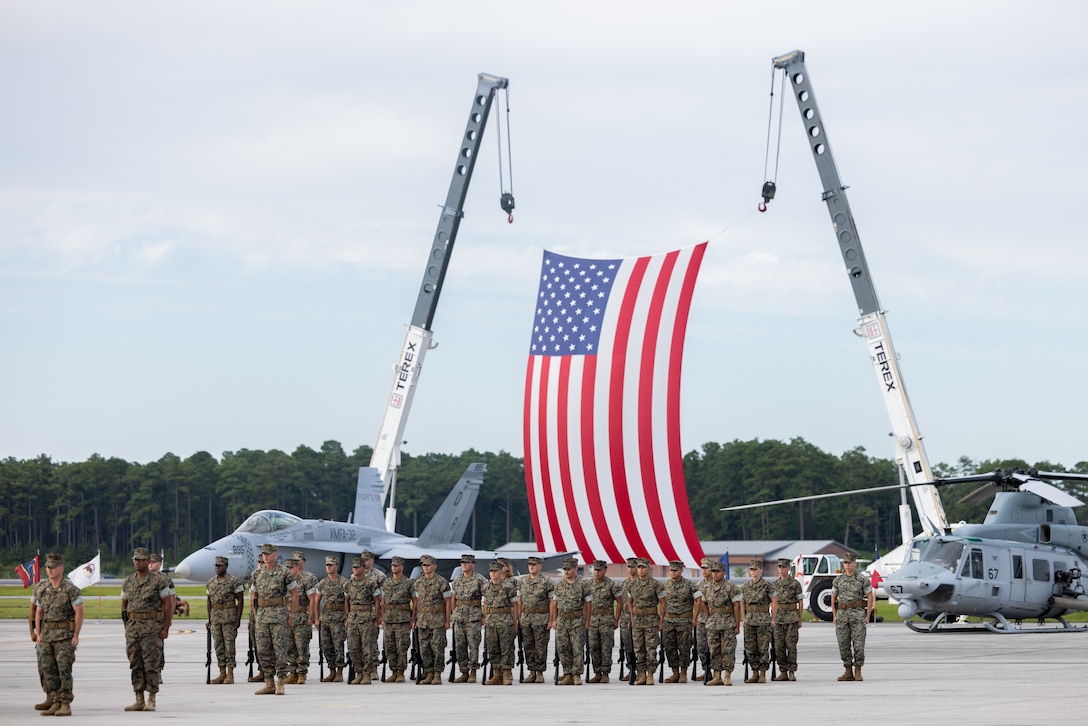U.S. Marines with 2nd Marine Aircraft Wing (MAW) stand in formation during a change of command ceremony at Marine Corps Air Station Cherry Point, North Carolina, Aug. 28, 2025.