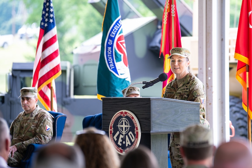 Maj. Gen. Lori Robinson, commanding general, U.S. Army Aviation and Missile Command, presents her remarks during Letterkenny Army Depot’s change of command ceremony held at the installation’s recreation area, July 10.