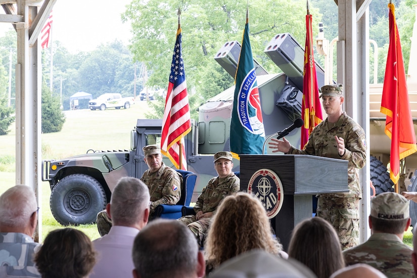 Col. Caleb Lewis, incoming commander, Lettekenny Army Depot, presents his remarks during LEAD’s change of command ceremony held at the installation’s recreation area, July 10.