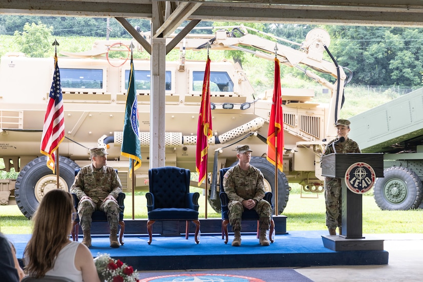 Maj. Gen. Lori Robinson, commanding general, U.S. Army Aviation and Missile Command, presents her remarks during Letterkenny Army Depot’s change of command ceremony held at the installation’s recreation area, July 10.