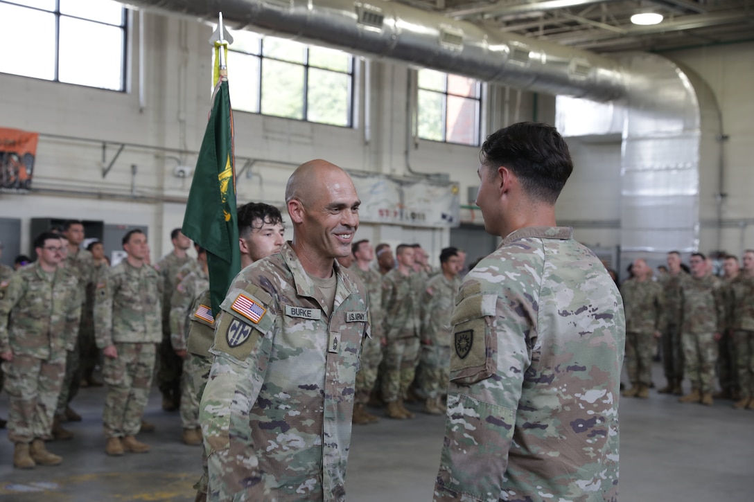 Soldiers of the 223rd Military Police Company stand in formation at the Buechel Armory in Louisville, Kentucky, as they arrived home and prepared to meet their loved ones, Aug. 16, 2025.