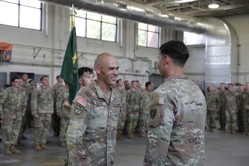 Soldiers of the 223rd Military Police Company stand in formation at the Buechel Armory in Louisville, Kentucky, as they arrived home and prepared to meet their loved ones, Aug. 16, 2025.