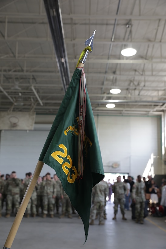 The 223rd Military Police guidon returns to Buechel Armory in Louisville, Kentucky, Aug. 16, 2025.