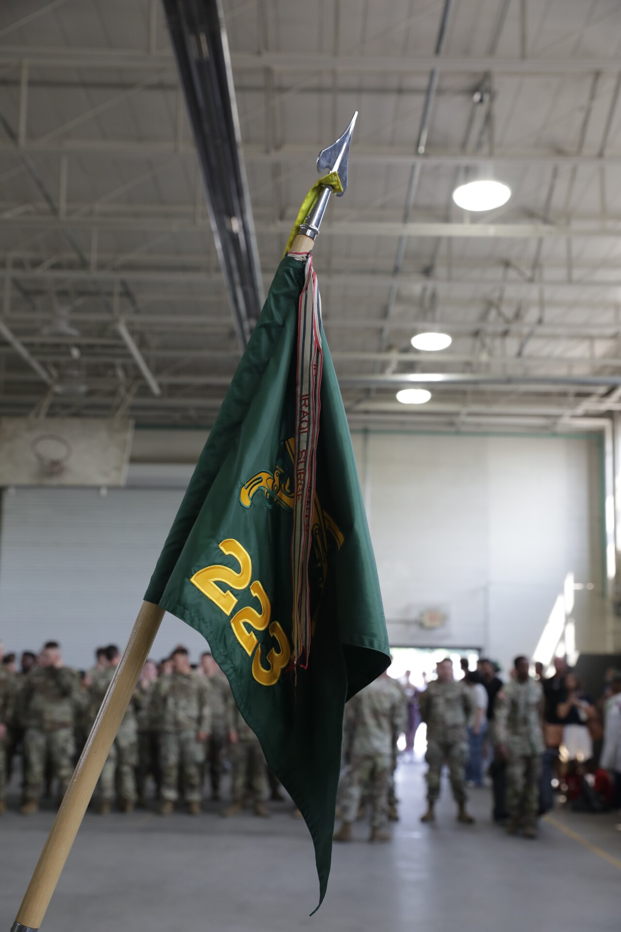 The 223rd Military Police guidon returns to Buechel Armory in Louisville, Kentucky, Aug. 16, 2025.