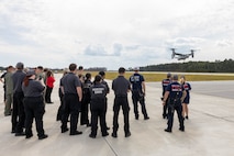 A U.S. Marine Corps MV-22B Osprey assigned to Marine Medium Tiltrotor Squadron (VMM) 365, Marine Aircraft Group 26, 2nd Marine Aircraft Wing, arrives at Marine Corps Outlying Landing Field Camp Davis on Marine Corps Base Camp Lejeune, North Carolina, Aug. 28, 2025