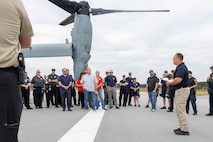 Lt. Eric Quintero, assistant operations officer, Provost Marshal Office, Marine Corps Air Station (MCAS) New River, provides an overview of the law enforcement role during an aircraft mishap exercise at Marine Corps Outlying Landing Field Camp Davis on Marine Corps Base Camp Lejeune, North Carolina, Aug. 28, 2025