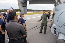 U.S. Marine Corps Sgt. Isaac J. Dziadzio, a P-19 vehicle operator with Marine Wing Support Squadron 272, Marine Aircraft Group 26, 2nd Marine Aircraft Wing, instructs civilian first responders from neighboring communities during an aircraft mishap exercise at Marine Corps Outlying Landing Field Camp Davis on Marine Corps Base Camp Lejeune, North Carolina, Aug. 28, 2025.