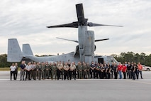 U.S. Marines and civilians from Marine Corps Air Station (MCAS) New River and Marine Medium Tiltrotor Squadron (VMM) 365 pose for a photo with first responders from neighboring communities after an aircraft mishap exercise at Marine Corps Outlying Landing Field Camp Davis on Marine Corps Base Camp Lejeune, North Carolina, Aug. 28, 2025.