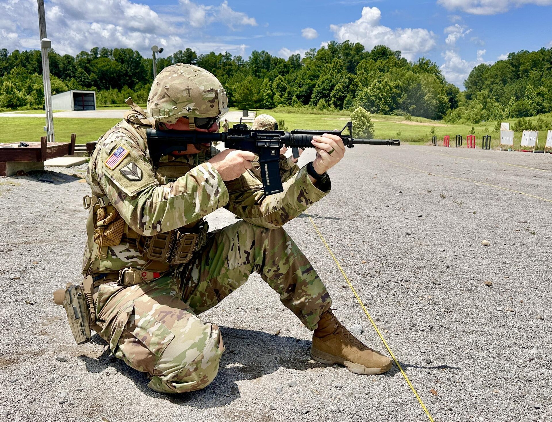 U.S. Army Sgt. Maj. Jason Rhodes, of the 38th Infantry Division Artillery, competes in the Rifle Excellence-in-Competition match during The Adjutant General's Match at Wendell H. Ford Regional Training Center, July 11-13.