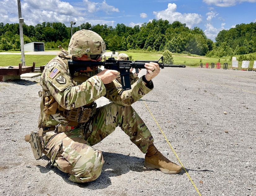 U.S. Army Sgt. Maj. Jason Rhodes, of the 38th Infantry Division Artillery, competes in the Rifle Excellence-in-Competition match during The Adjutant General's Match at Wendell H. Ford Regional Training Center, July 11-13.