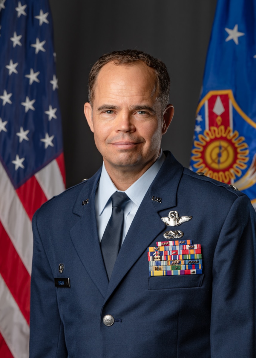 Col. Brandon Eskam, commander, 114th Fighter Wing, poses for an official photo at Joe Foss Field, South Dakota Aug. 21, 2025.