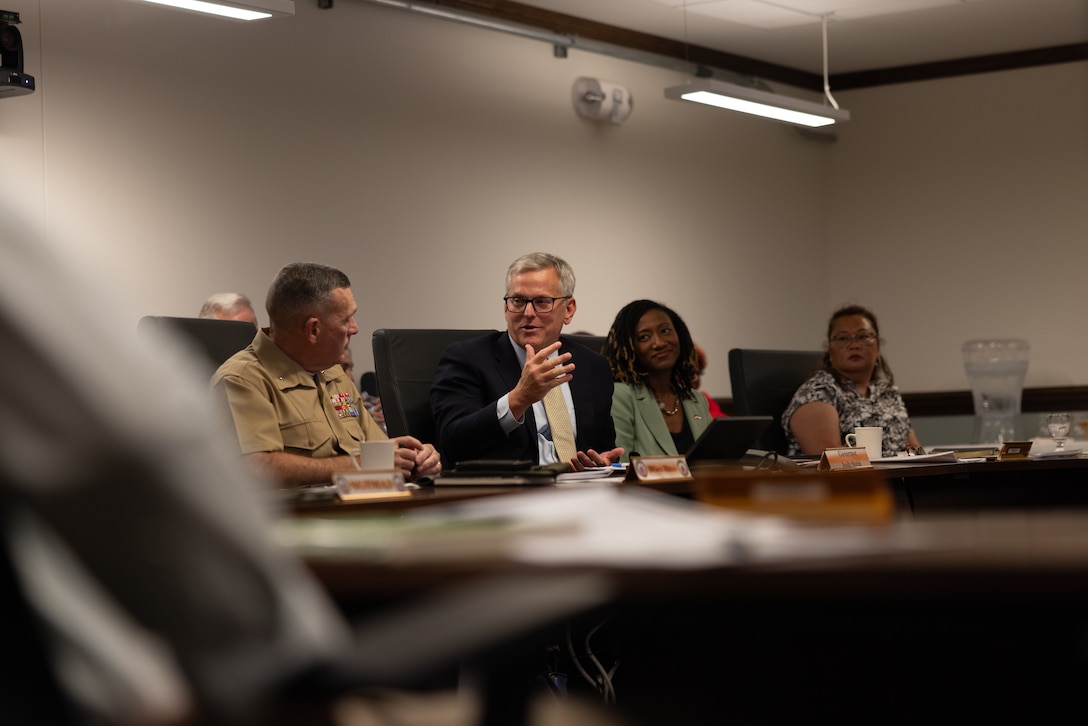North Carolina Governor Josh Stein gives closing remarks during his first official visit to Marine Corps Base Camp Lejeune, North Carolina, Aug. 29, 2025.