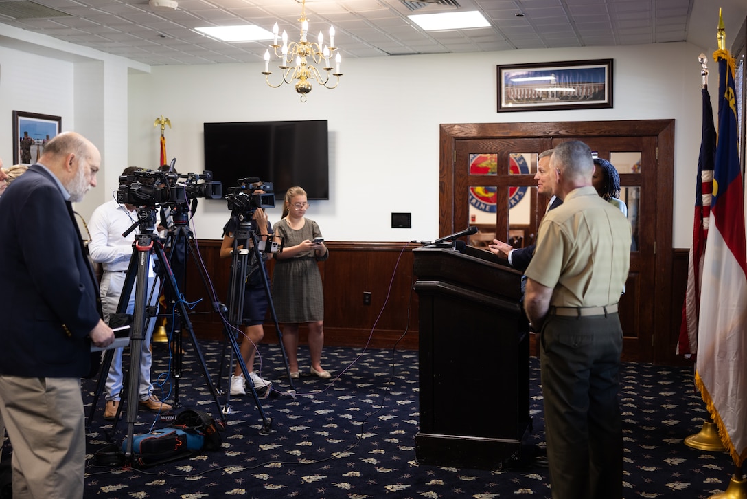 North Carolina Governor Josh Stein speaks to media during his first official visit to Marine Corps Base Camp Lejeune, North Carolina, Aug. 29, 2025.