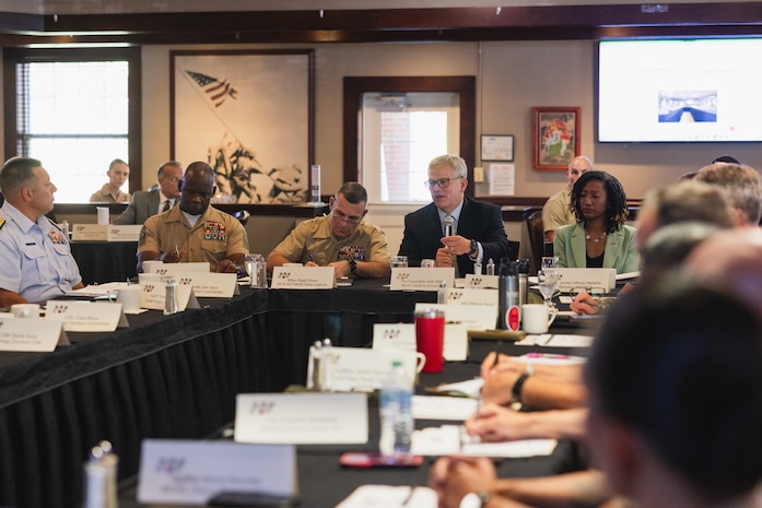From left to right, U.S. Marine Corps Sgt. Maj. Wesley O. Turner II, command senior enlisted advisor, Brig. Gen. Ralph J. Rizzo, Jr., commanding general, both with Marine Corps Installations East-Marine Corps Base (MCB) Camp Lejeune, North Carolina Governor Josh Stein, and North Carolina Department of Military and Veteran Affairs Secretary Jocelyn Mallette, engage in discussion during Stein’s first official visit to MCB Camp Lejeune, North Carolina, Aug. 29, 2025.