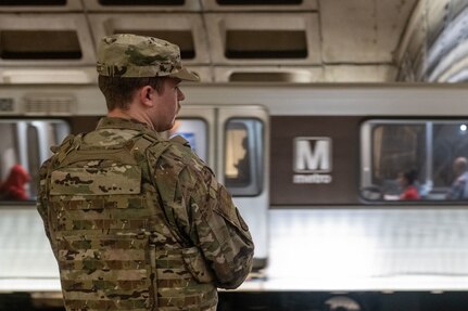 U.S. Airmen assigned to the D.C. Safe and Beautiful Task Force patrol in Washington D.C. metro stations, August 18, 2025. Approximately 800 National Guard service members comprise JTF-DC to support the DC Safe and Beautiful Taskforce. These National Guard service members provide critical support such as crowd management, perimeter control, logistics and communications in support of law enforcement. A majority of the D.C. National Guard personnel live and work in the local community and have existing relationships to support law enforcement.