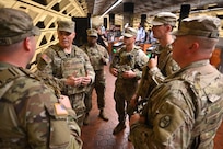 U.S. Army Brig. Gen. Leland D. Blanchard II, Commanding General (Interim) for the D.C. National Guard, engages with South Carolina National Guard Soldiers assigned to Joint Task Force-District of Columbia at McPherson Square Metro station in Washington, D.C., on August 23, 2025. Approximately 2,200 National Guard service members comprise JTF-DC to support the DC Safe and Beautiful Taskforce. These National Guard service members provide critical support such as crowd management, perimeter control, logistics and communications in support of law enforcement.