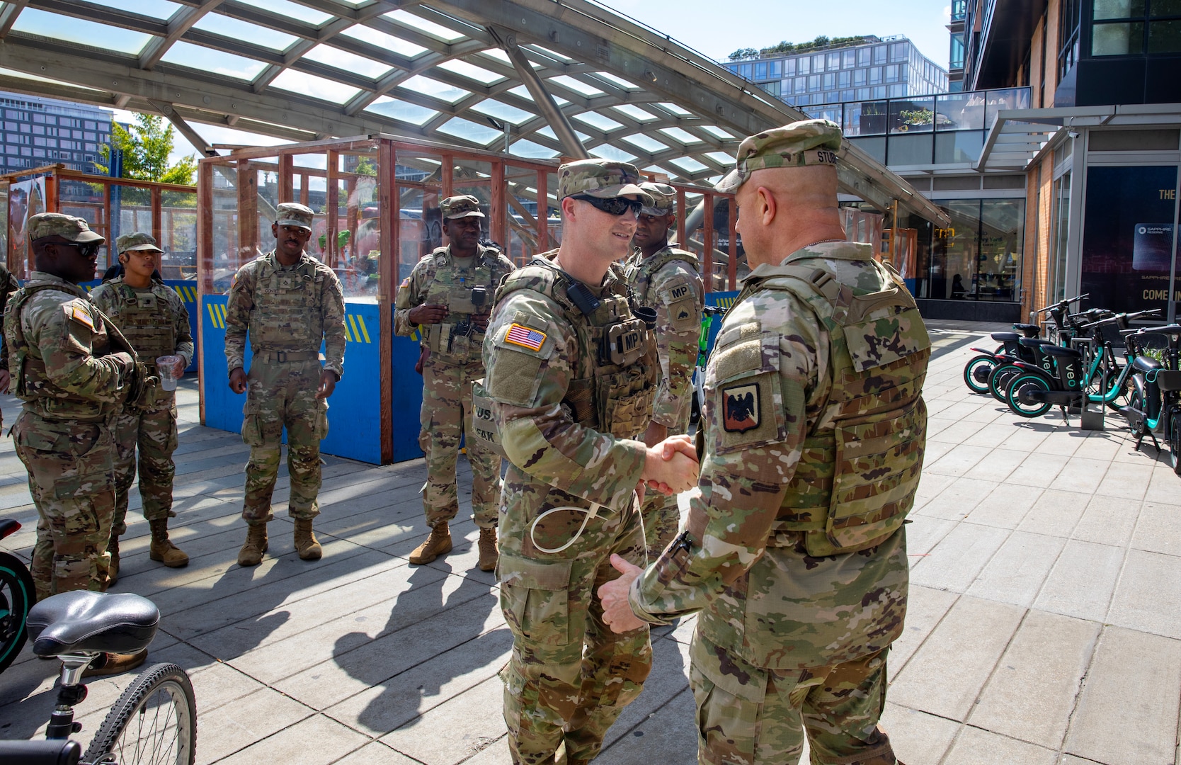 U.S. Army Lt. Gen. Jonathan Stubbs, right, director, Army National Guard, meets with Guardsmen patrolling metro stations as part of the D.C. Safe and Beautiful Task Force at locations across Washington, D.C. Aug. 25, 2025. About 2,000 National Guard members are supporting the D.C. Safe and Beautiful mission providing critical support to the D.C. Metropolitan Police Department in ensuring the safety of all who live, work and visit the District.