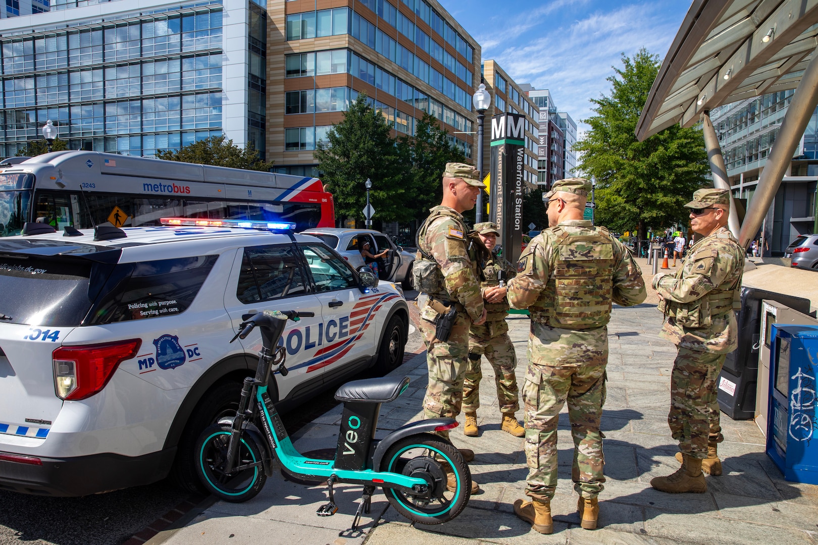 U.S. Army Lt. Gen. Jonathan Stubbs, center, director, Army National Guard, and Brig. Gen. Leland Blanchard III, right, commanding general, District of Columbia National Guard meet with Guardsmen patrolling metro stations as part of the D.C. Safe and Beautiful Task Force at locations across Washington, D.C. Aug. 25, 2025. About 2,000 National Guard members are supporting the D.C. Safe and Beautiful mission providing critical support to the D.C. Metropolitan Police Department in ensuring the safety of all who live, work and visit the District.