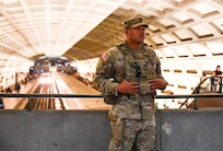 A U.S. Soldier with the South Carolina Army National Guard stands guard at the Dupont Metro Station in Washington D.C., Aug. 25, 2025. About 2,000 National Guard members are supporting the D.C. Safe and Beautiful mission providing critical support to the D.C. Metropolitan Police Department in ensuring the safety of all who live, work and visit the District.