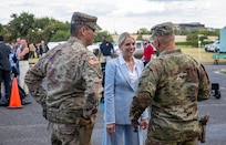 From left, U.S. Army Col. Larry Doane, commander, Joint Task Force-District of Columbia, Attorney General of the United States Pam Bondi, and Brig. Gen. Leland Blanchard III, commanding general, District of Columbia National Guard, speak following  a meeting of organizational leadership supporting the D.C. Safe and Beautiful Task Force at Park Police Headquarters, Washington, D.C., Aug. 26, 2025. About 2,000 National Guard members are supporting the D.C. Safe and Beautiful mission providing critical support to the D.C. Metropolitan Police Department in ensuring the safety of all who live, work and visit the District.