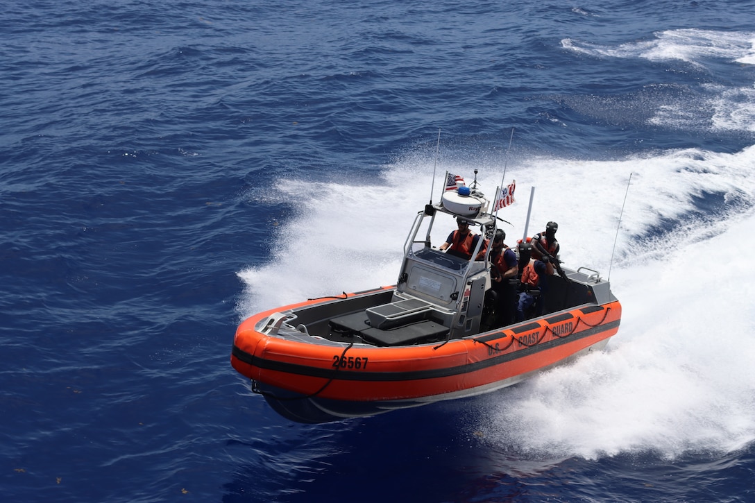 Coast Guard Cutter Mohawk (WMEC 913) crew members aboard a 26-foot, Mk-V over-the-horizon cutter boat, the service's newest, conduct pursuit training in the Caribbean Sea, July 2, 2025. Mohawk’s crew conducted a 75-day maritime border security patrol in the Caribbean Sea, Florida Straits and Caribbean Sea. (U.S. Coast Guard photo by Ensign Andrew Ferderer)