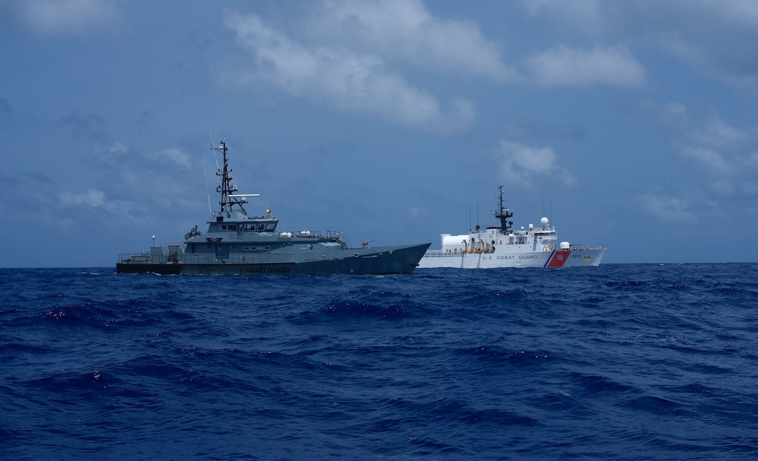 Coast Guard Cutter Mohawk (WMEC 913) crew members conduct a gunnery exercise on the cutter's .50-caliber machine gun while underway in the Caribbean Sea, July 23, 2025. Mohawk’s crew conducted a 75-day maritime border security patrol in the Caribbean Sea, Florida Straits, and Caribbean Sea. (U.S. Coast Guard photo by Ensign Andrew Ferderer)