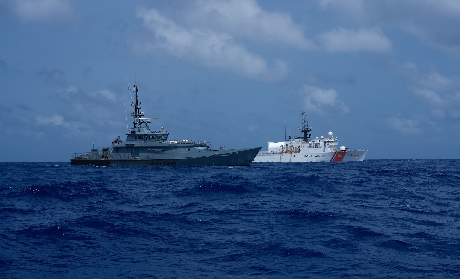 Coast Guard Cutter Mohawk (WMEC 913) crew members conduct a gunnery exercise on the cutter's .50-caliber machine gun while underway in the Caribbean Sea, July 23, 2025. Mohawk’s crew conducted a 75-day maritime border security patrol in the Caribbean Sea, Florida Straits, and Caribbean Sea. (U.S. Coast Guard photo by Ensign Andrew Ferderer)