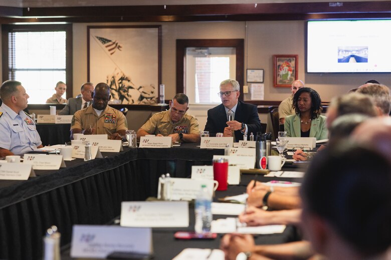 From left to right, U.S. Marine Corps Sgt. Maj. Wesley O. Turner II, command senior enlisted advisor, Brig. Gen. Ralph J. Rizzo, Jr., commanding general, both with Marine Corps Installations East-Marine Corps Base (MCB) Camp Lejeune, North Carolina Governor Josh Stein, and North Carolina Department of Military and Veteran Affairs Secretary Jocelyn Mallette, engage in discussion during Stein’s first official visit to MCB Camp Lejeune, North Carolina, Aug. 29, 2025.