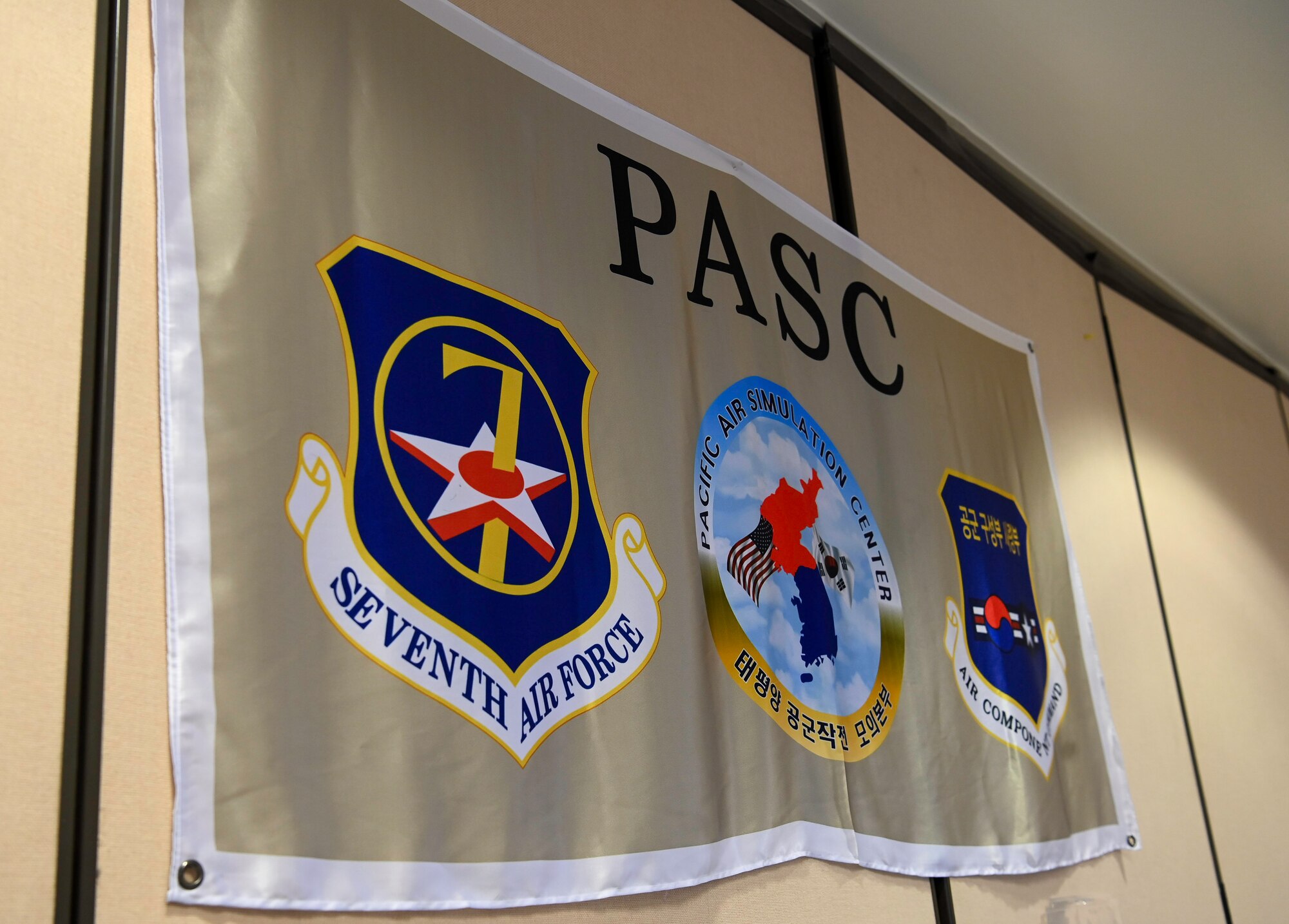 A flag hangs on a plain wall