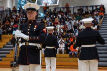 U.S. Marines with the United States Marine Corps Silent Drill Platoon execute their "long line" sequence during a performance for the students of Parkview High School during Marine Week Atlanta in Lilburn, Ga., Aug. 29, 2025. The year 2025 marks the 250th anniversary of the United States Marine Corps, a milestone that highlights the legacy, transformation and enduring spirit of the Corps since 1775. Throughout the year, Marines across the globe will commemorate this anniversary by honoring the service and sacrifice of those who served before them and by remaining faithful to the motto Semper Fidelis. (U.S. Marine Corps photo by Cpl. Christopher Prelle)